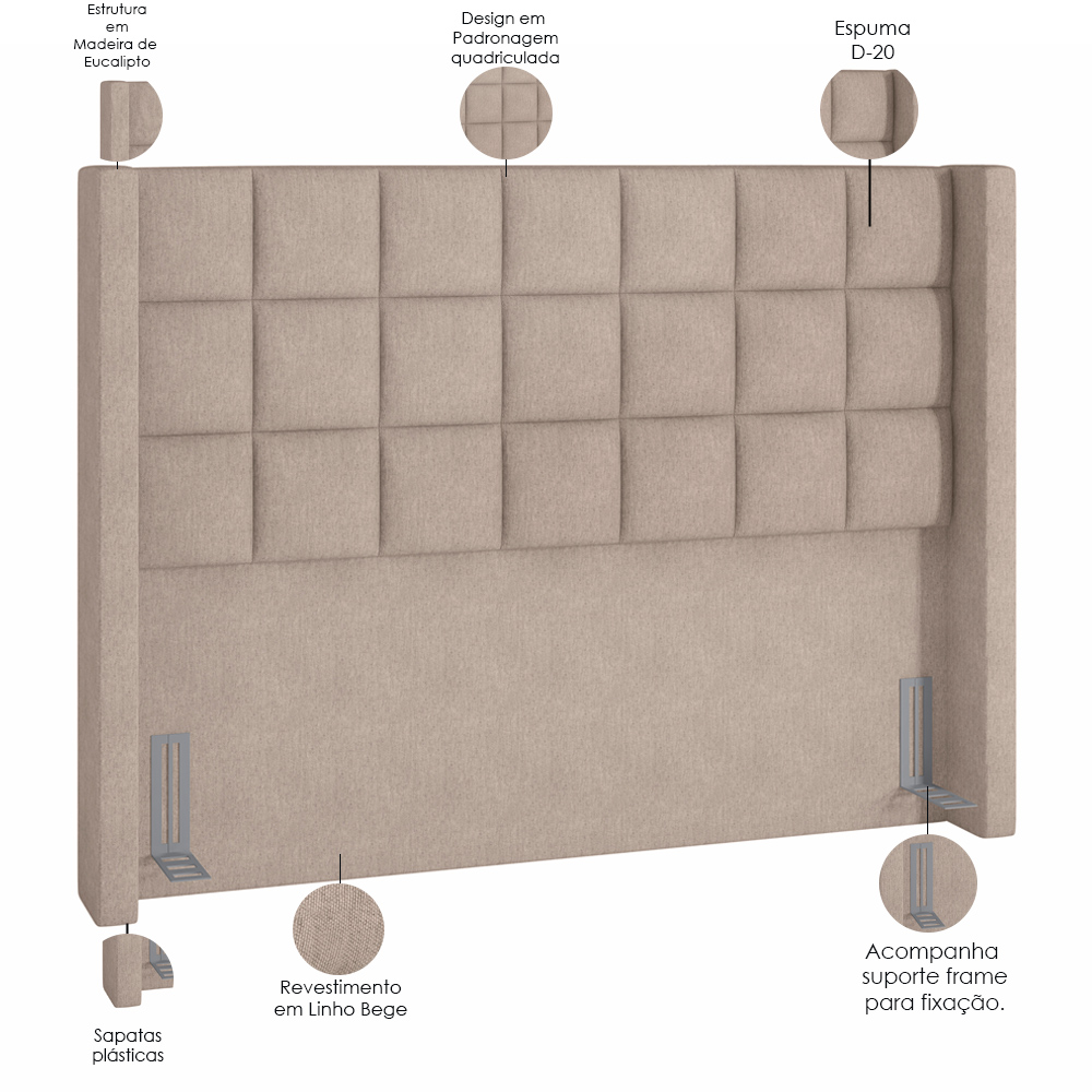 Cabeceira Cama Box Casal King 195 cm P05 Paris Linho Bege - Lyam Decor