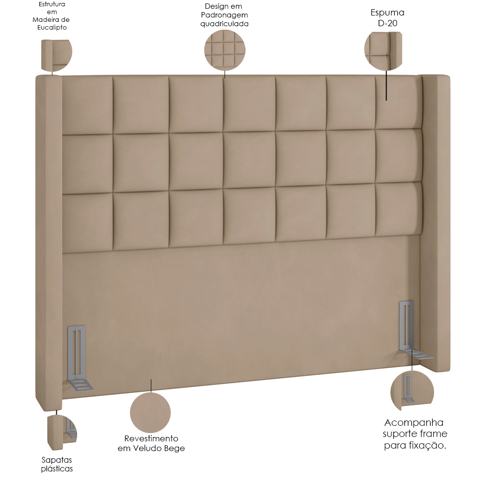 Cabeceira Cama Box Casal King 195 cm P05 Paris Veludo Bege - Lyam Decor