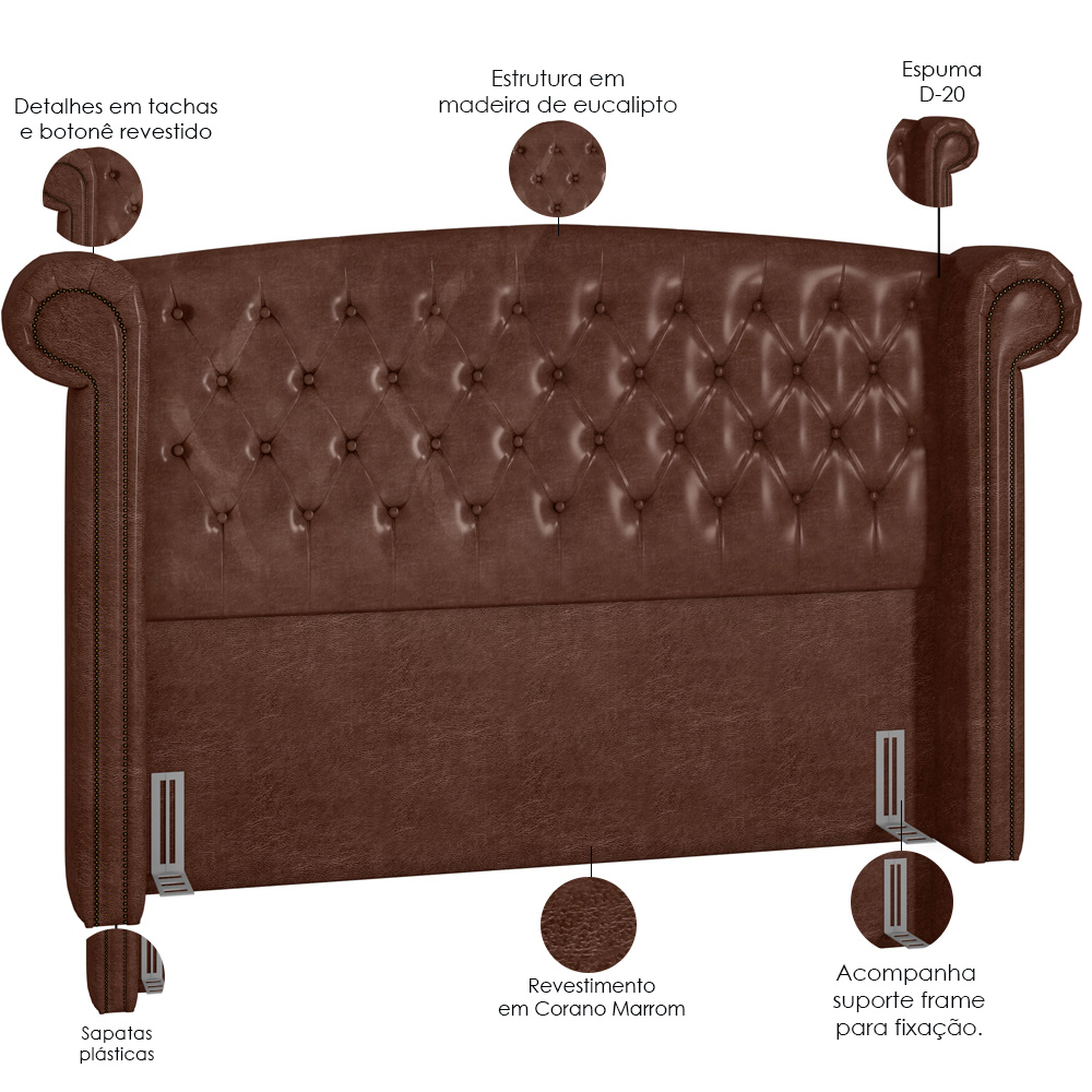 Cabeceira Cama Box Casal King 195 cm P05 Sofia Corino Marrom - Lyam Decor