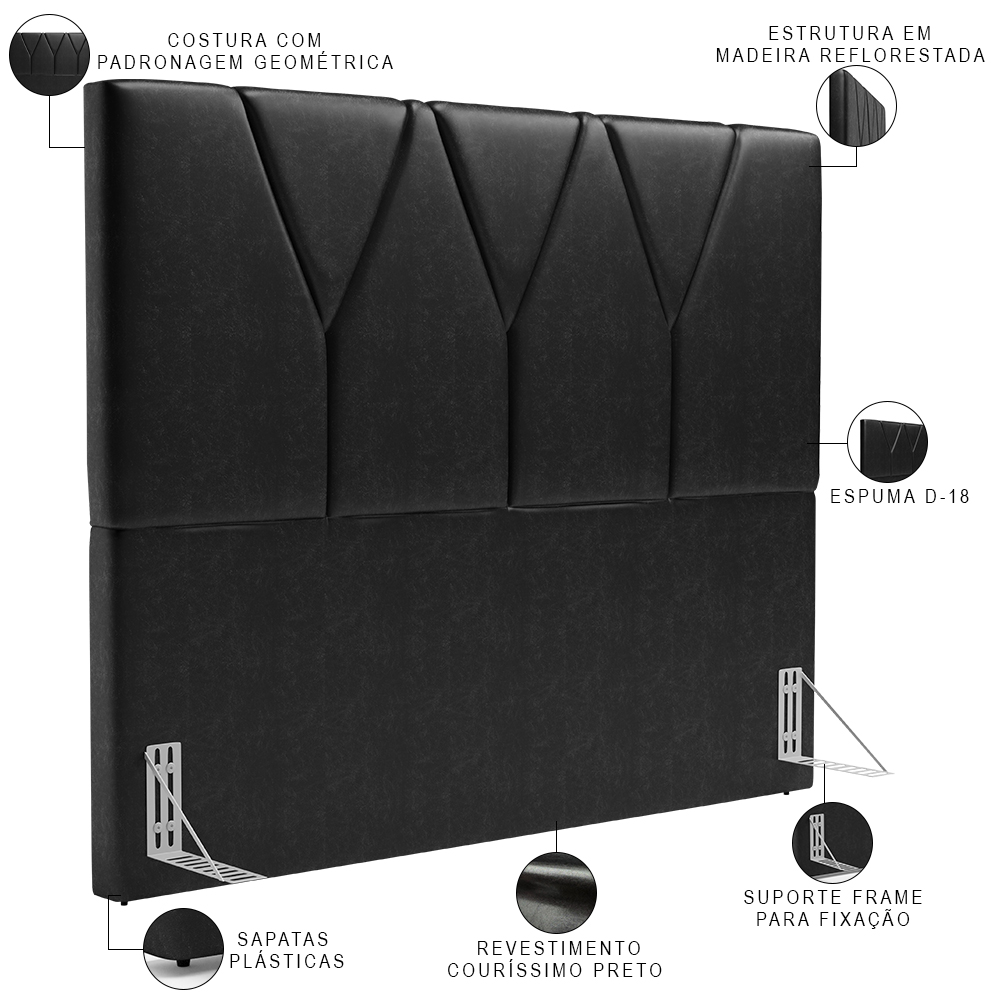 Cabeceira Cama Box Casal Queen 160 cm Aurora W01 Couríssimo Preto Brilho - Lyam Decor