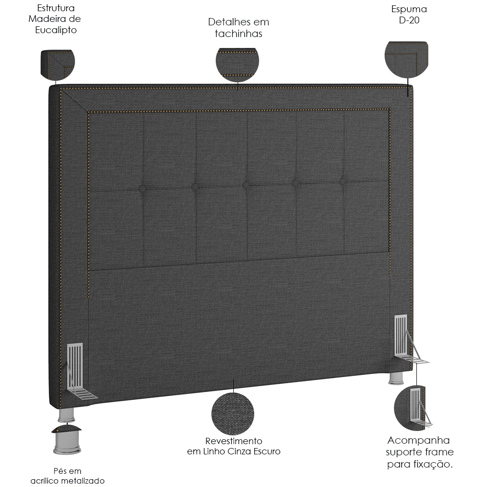 Cabeceira Cama Box Casal Queen 160 cm P05 Atenas Linho Cinza Escuro - Lyam Decor