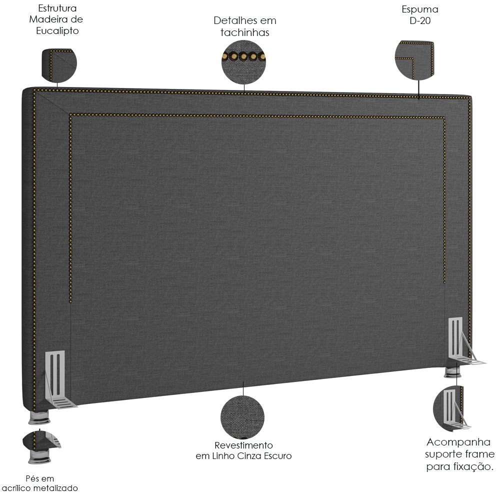 Cabeceira Cama Box Casal Queen 160 cm P05 Berlim Linho Cinza Escuro - Lyam Decor