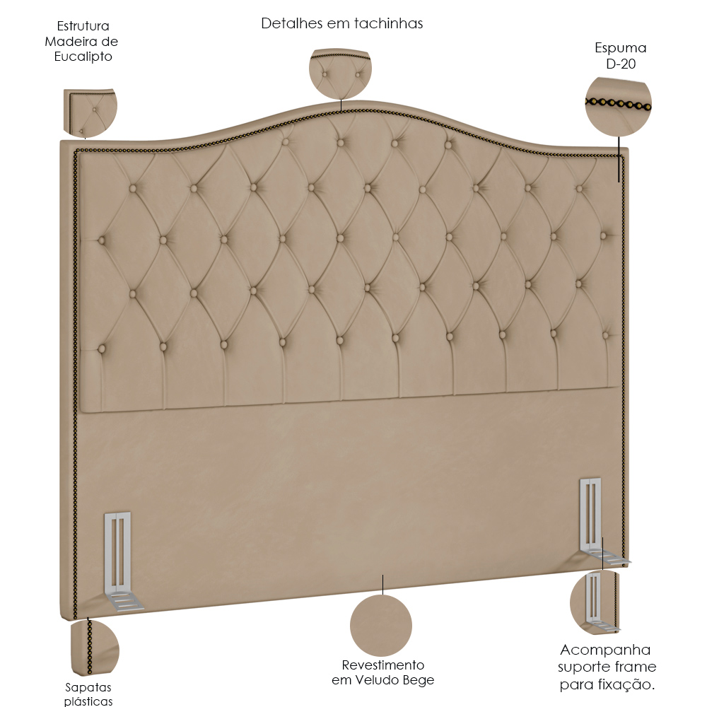 Cabeceira Cama Box Casal Queen 160 cm P05 Grécia Veludo Bege - Lyam Decor