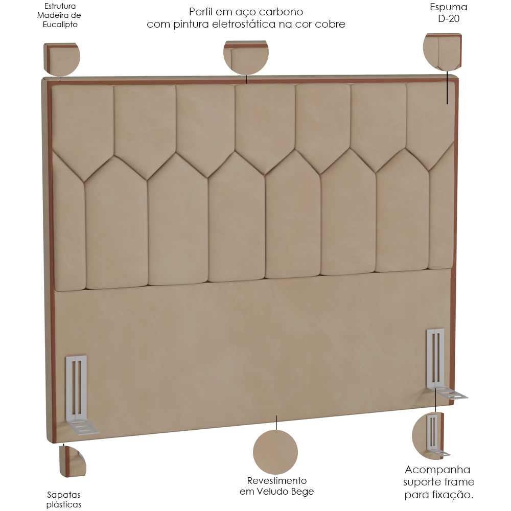 Cabeceira Cama Box Casal Queen 160 cm P05 Londres Veludo Bege - Lyam Decor