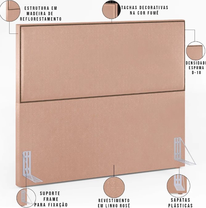 Cabeceira Cama Box Casal Queen Com Tachas 160 cm Vicenza L02 Linho Rosê - Lyam Decor