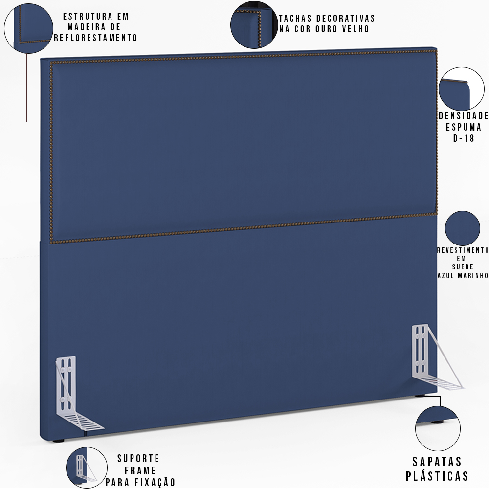 Cabeceira Cama Box Casal Queen Com Tachas 160 cm Vicenza L02 Suede Azul Marinho - Lyam Decor