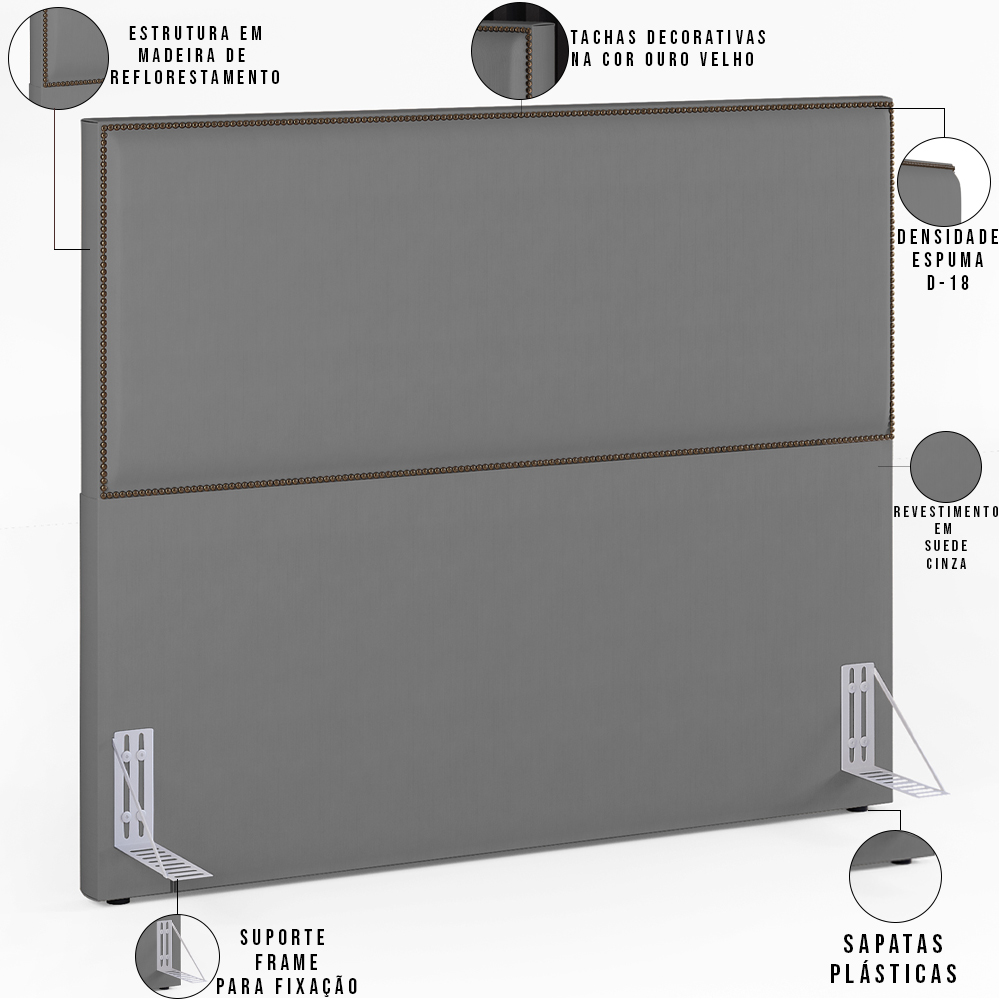 Cabeceira Cama Box Casal Queen Com Tachas 160 cm Vicenza L02 Suede Cinza - Lyam Decor