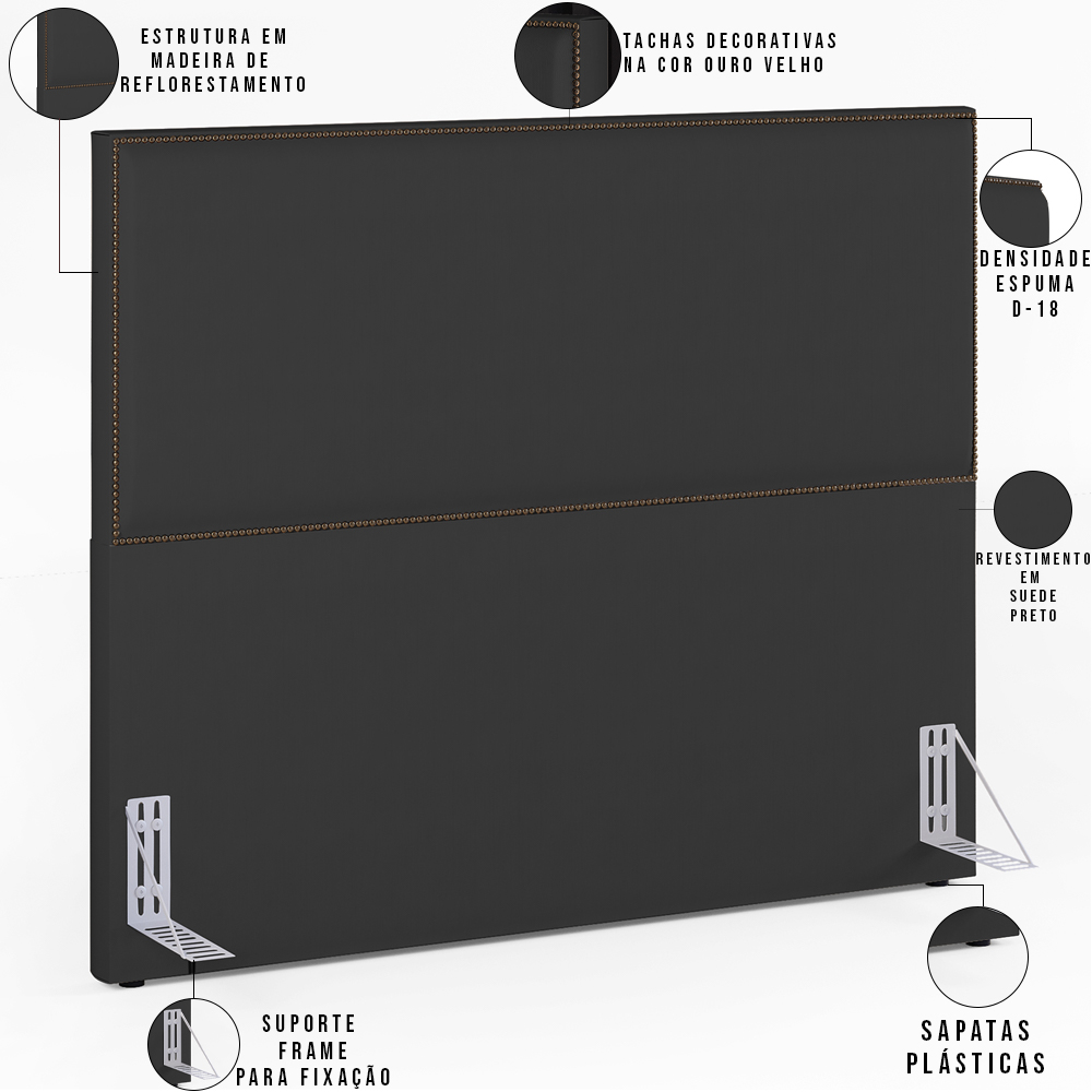 Cabeceira Cama Box Casal Queen Com Tachas 160 cm Vicenza L02 Suede Preto - Lyam Decor
