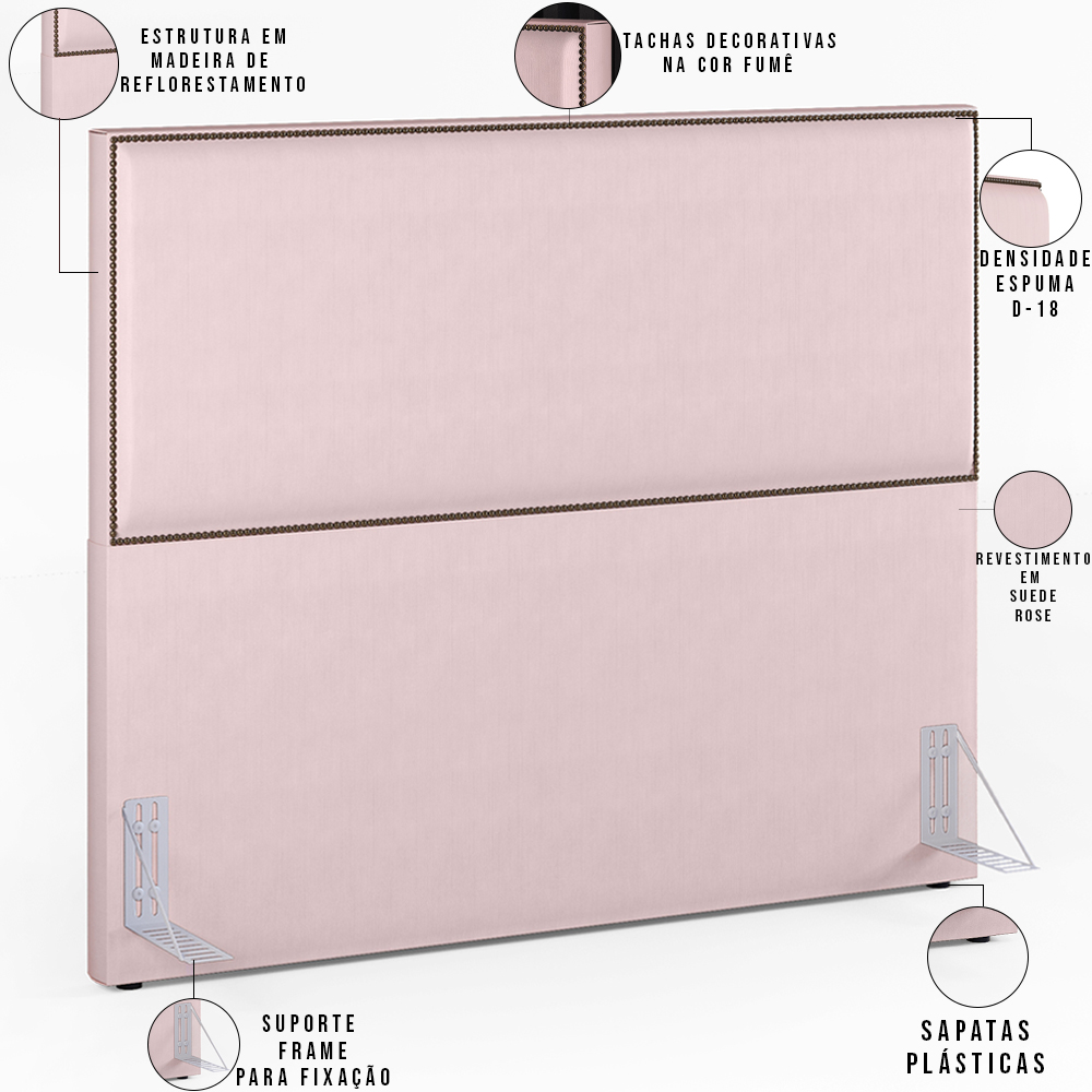 Cabeceira Cama Box Casal Queen Com Tachas 160 cm Vicenza L02 Suede Rosê - Lyam Decor