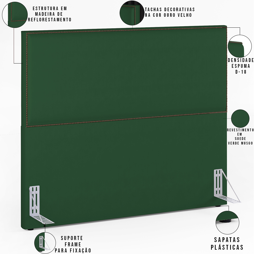 Cabeceira Cama Box Casal Queen Com Tachas 160 cm Vicenza L02 Suede Verde Musgo - Lyam Decor
