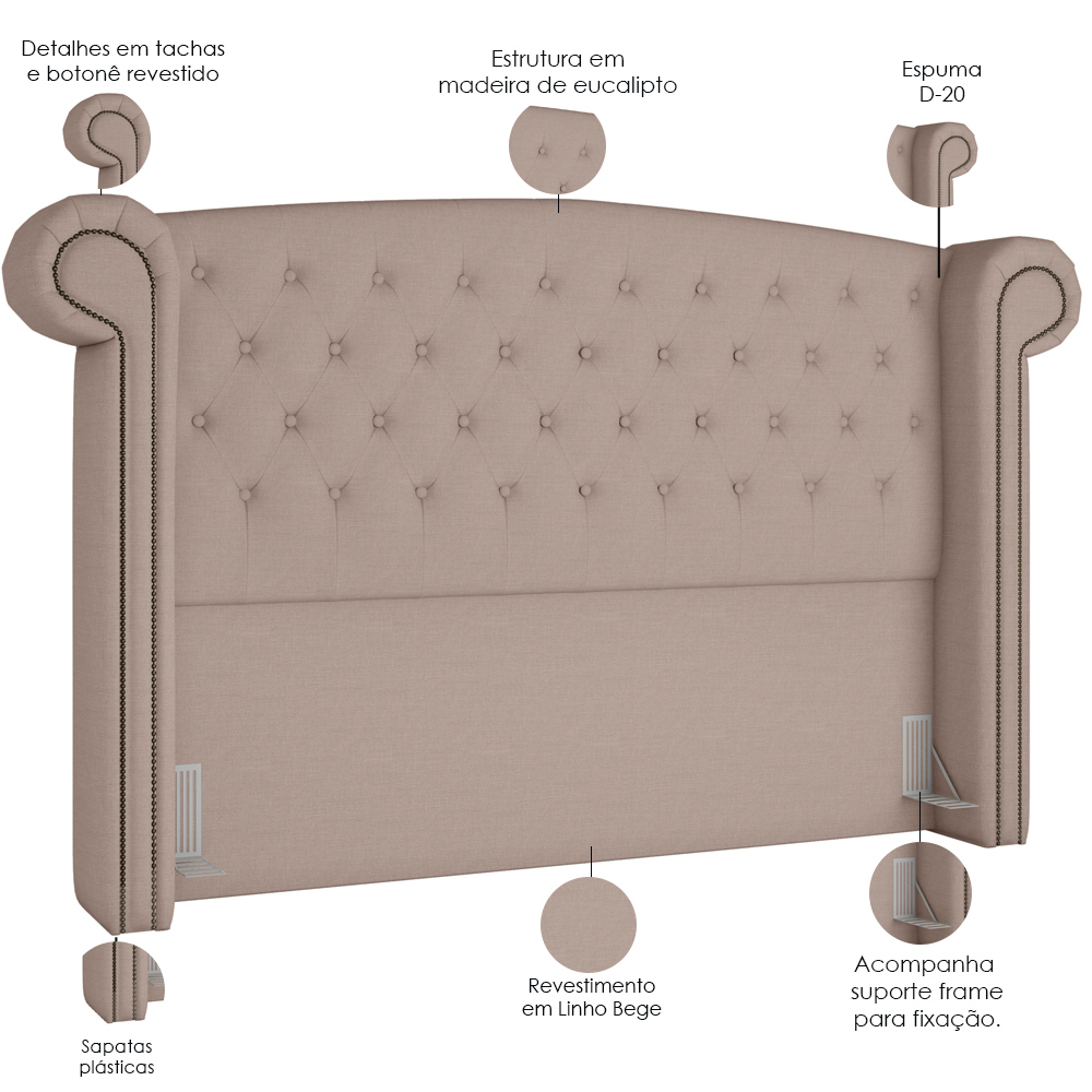 Cabeceira Cama Box Casal com Tachas 140 cm Sofia P05 Linho Bege Areia - Lyam Decor