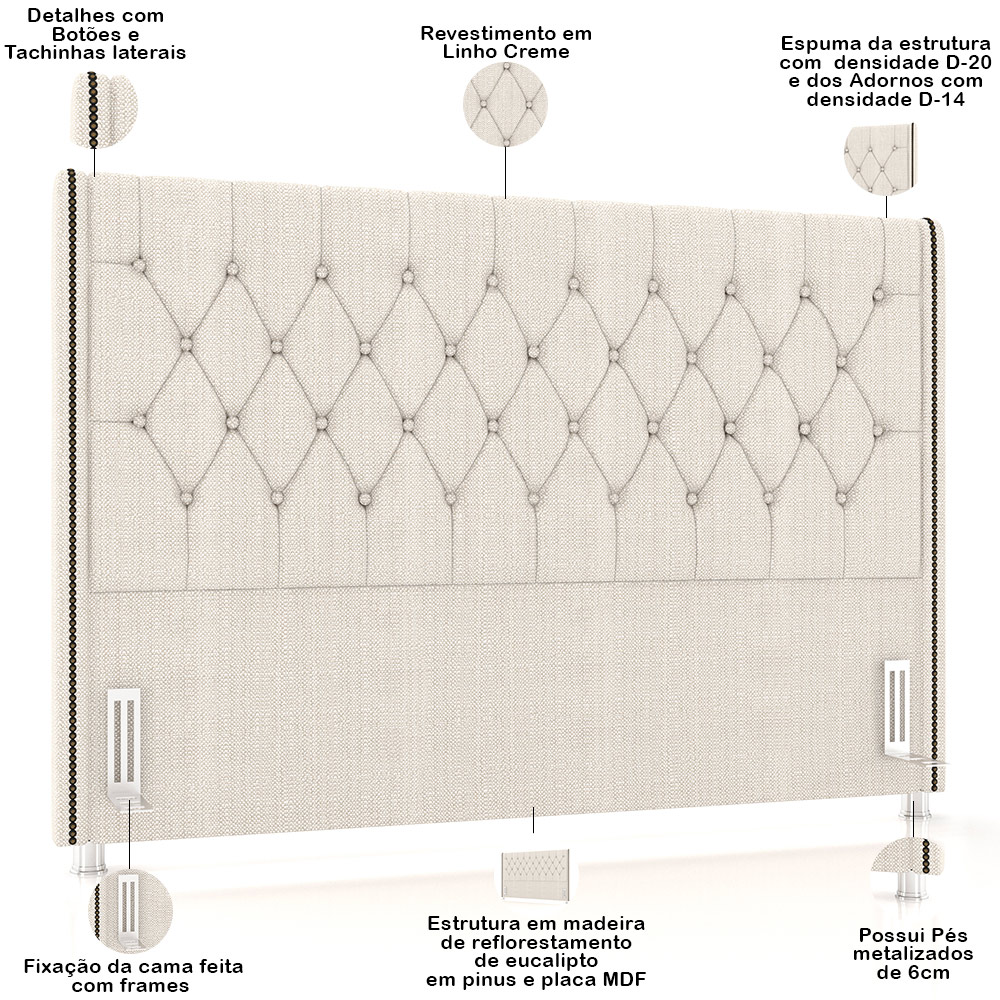 Cabeceira Cama Box King 195cm Estofada Frizza P05 Linho Creme - Lyam Decor