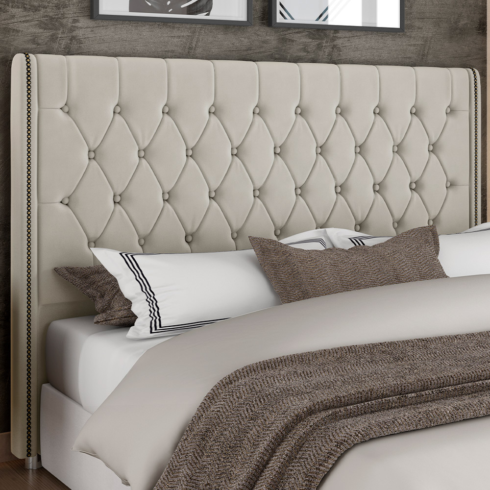 Cabeceira Cama Box King 195cm Estofada Frizza P05 Veludo Bege - Lyam Decor