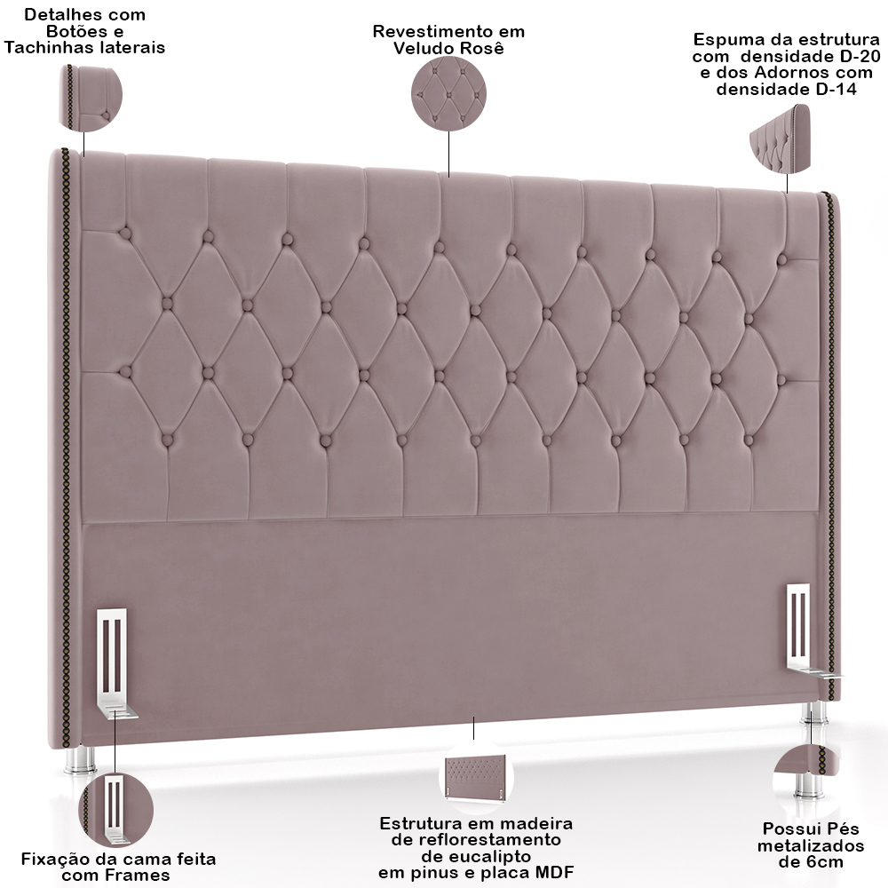 Cabeceira Cama Box King 195cm Estofada Frizza P05 Veludo Rosê - Lyam Decor