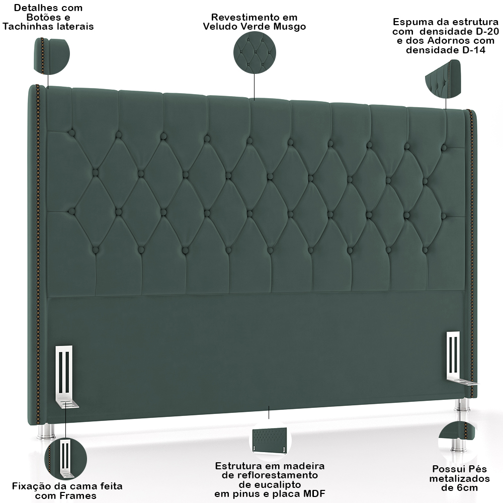 Cabeceira Cama Box King 195cm Estofada Frizza P05 Veludo Verde Musgo - Lyam Decor