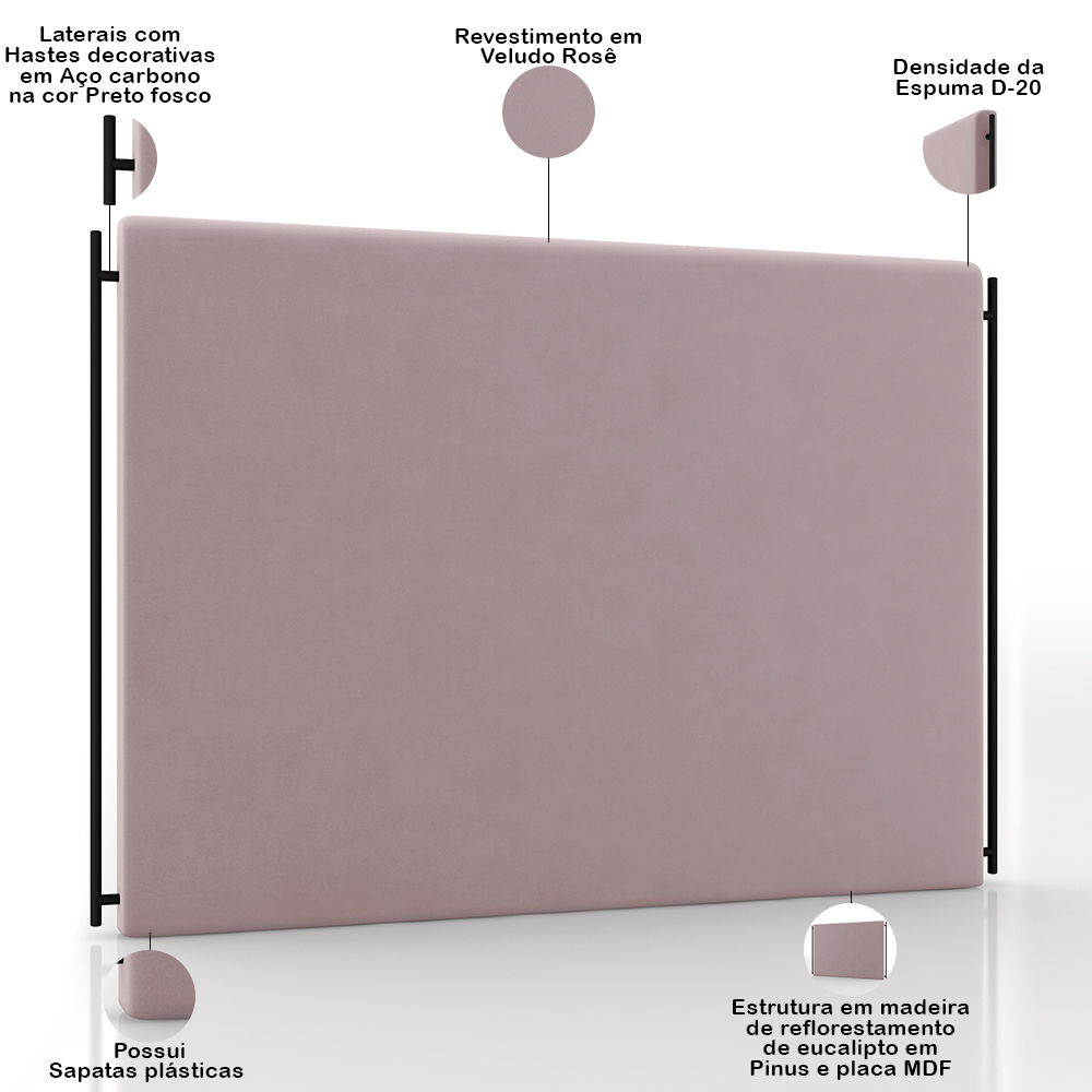 Cabeceira Cama Box King 195cm Estofada Goya P05 Veludo Rosê - Lyam Decor
