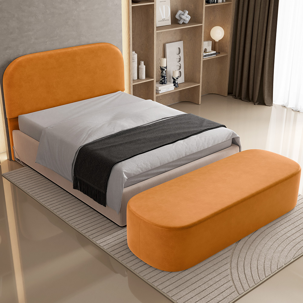 Cabeceira Cama Box King 195cm Lanna com Puff Recamier Doha W01 Couríssimo Whisky - Lyam Decor