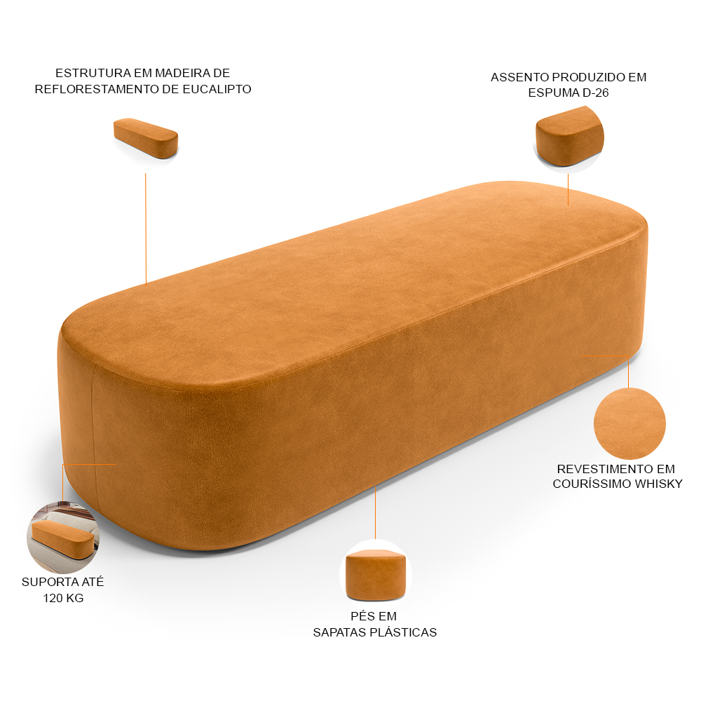 Cabeceira Cama Box King 195cm Lanna com Puff Recamier Doha W01 Couríssimo Whisky - Lyam Decor