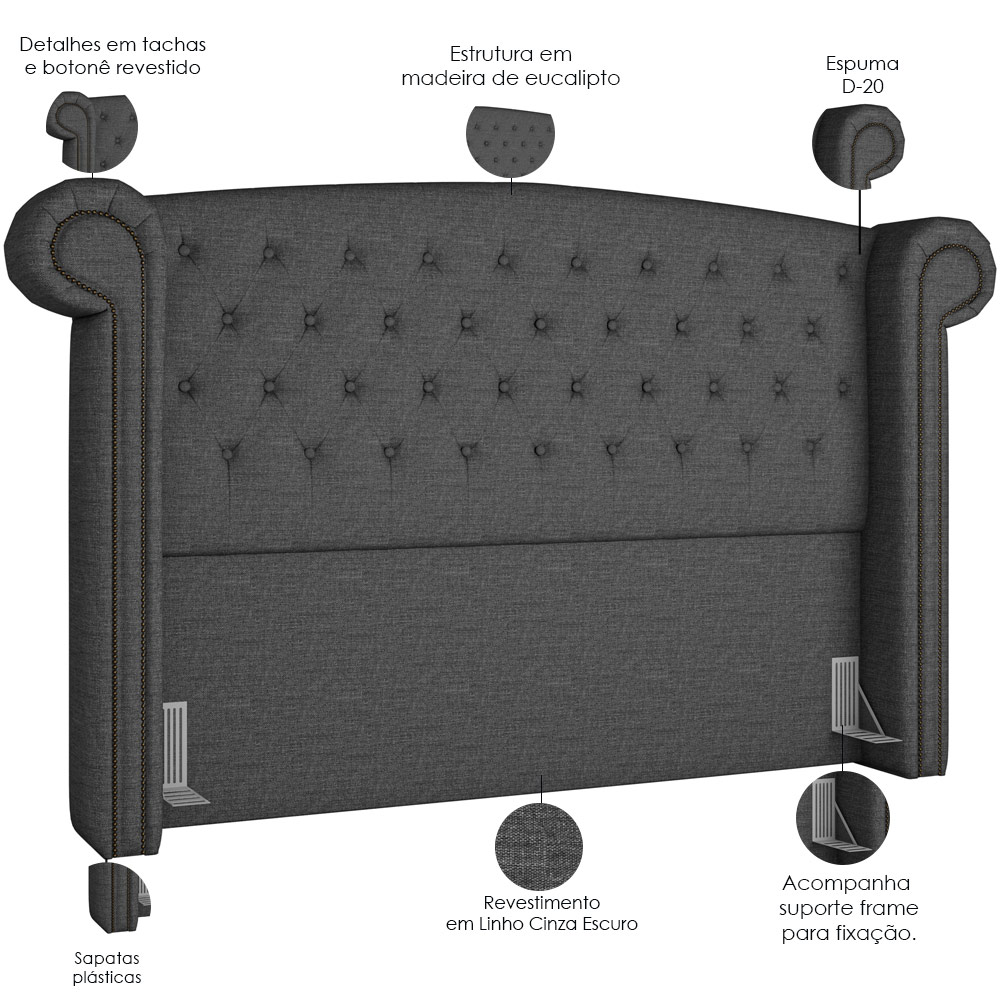 Cabeceira Cama Box King com Tachas 195 cm Sofia P05 Linho Cinza Escuro - Lyam Decor