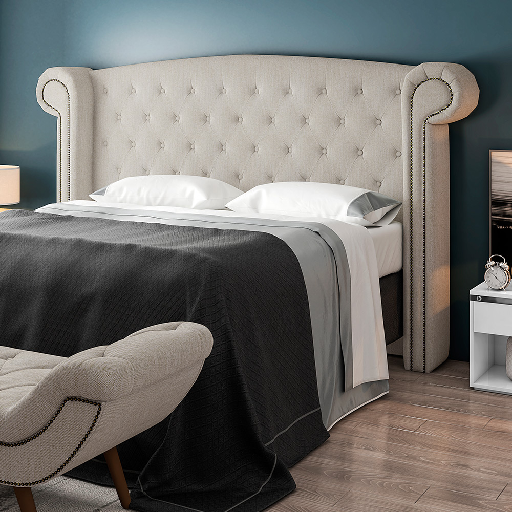 Cabeceira Cama Box King com Tachas 195 cm Sofia P05 Linho Creme - Lyam Decor
