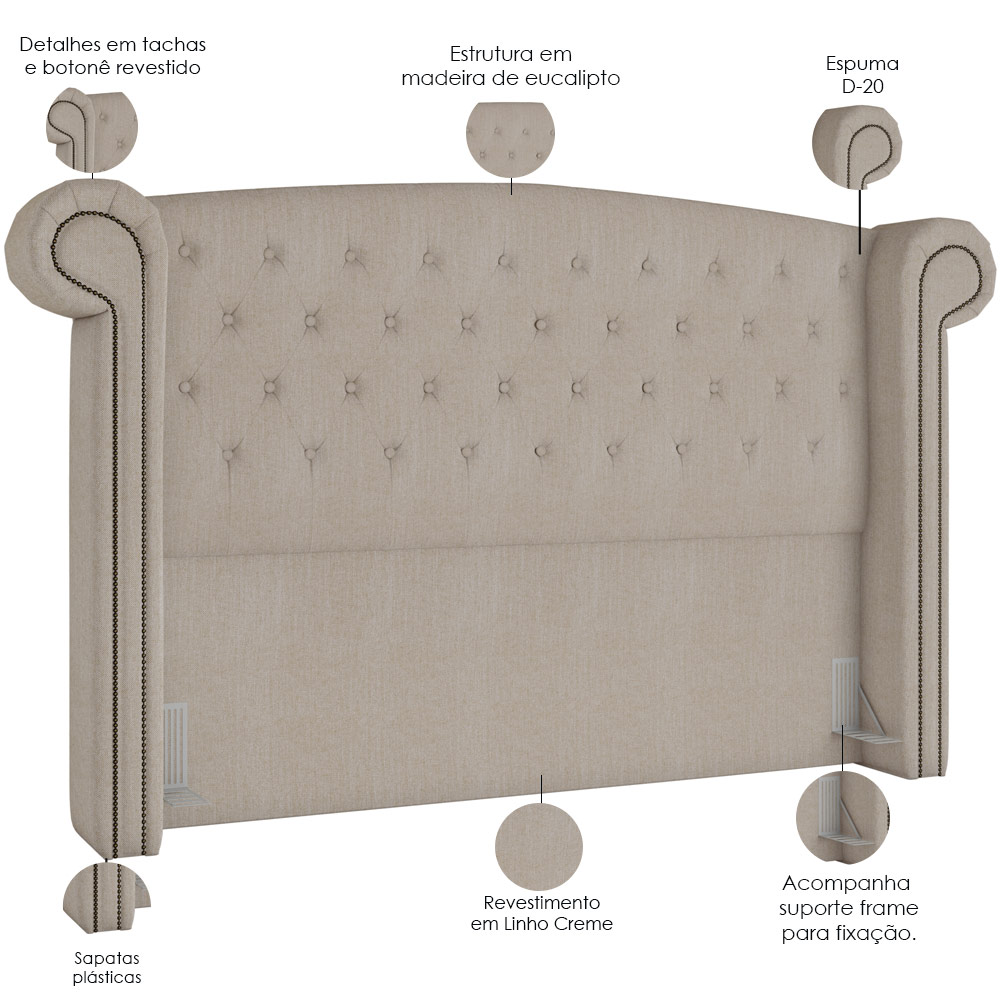 Cabeceira Cama Box King com Tachas 195 cm Sofia P05 Linho Creme - Lyam Decor