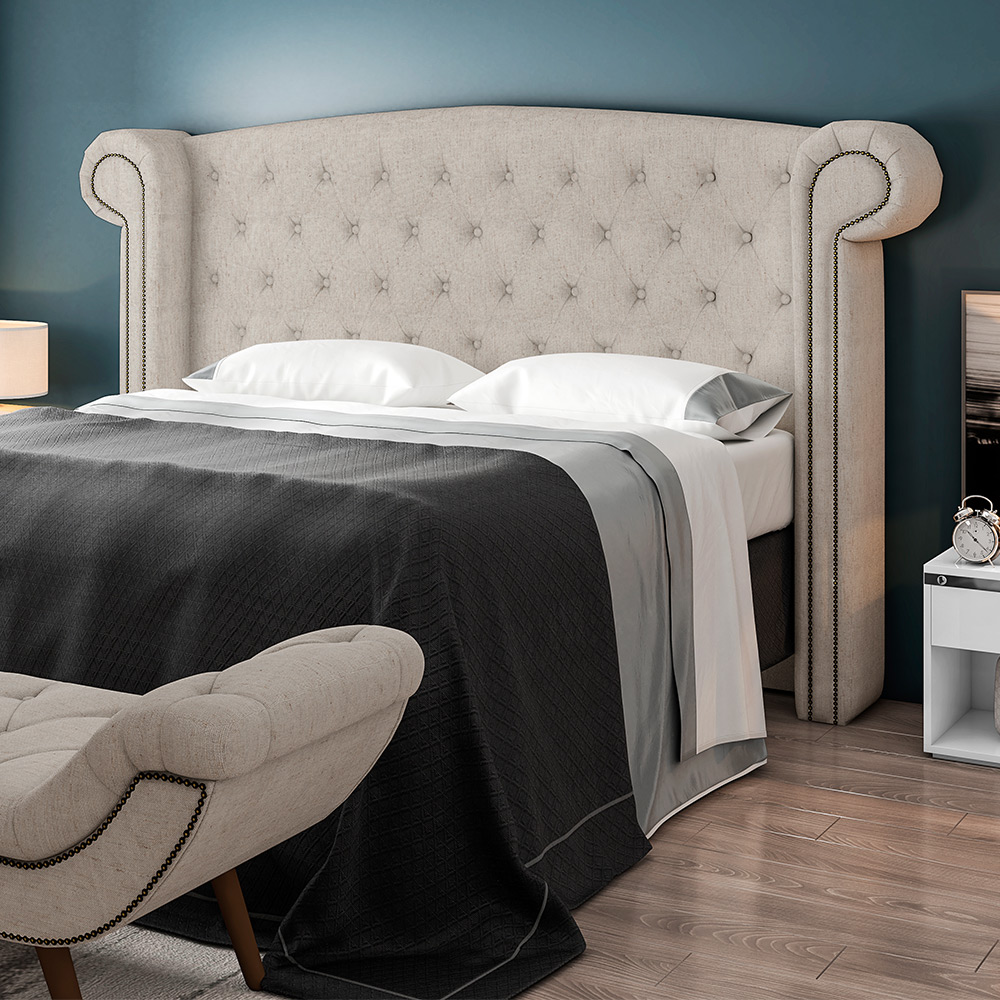 Cabeceira Cama Box King com Tachas 195 cm Sofia P05 Linho Cru - Lyam Decor