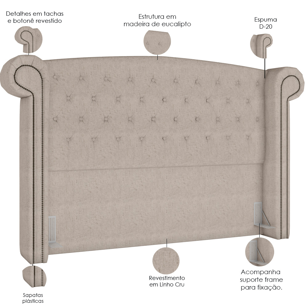 Cabeceira Cama Box King com Tachas 195 cm Sofia P05 Linho Cru - Lyam Decor