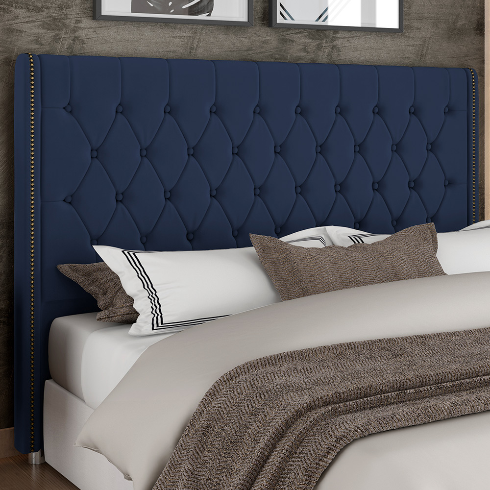 Cabeceira Cama Box Queen 160cm Estofada Frizza P05 Veludo Azul Marinho - Lyam Decor