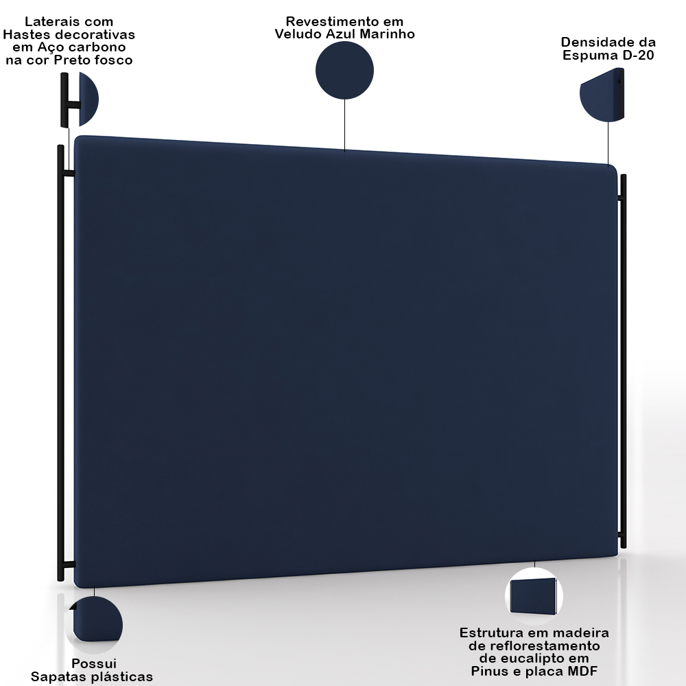 Cabeceira Cama Box Queen 160cm Estofada Goya P05 Veludo Azul Marinho - Lyam Decor