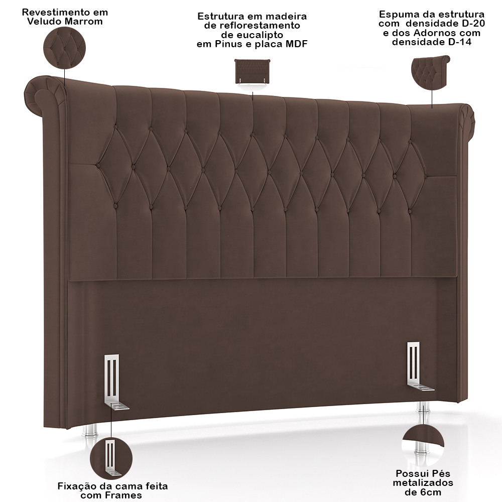 Cabeceira Cama Box Queen 160cm Estofada Meora P05 Veludo Marrom - Lyam Decor