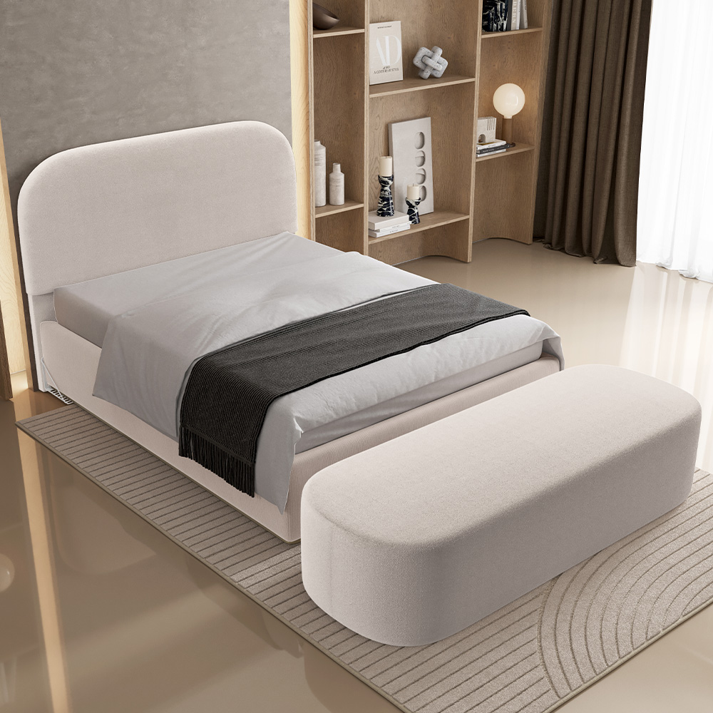 Cabeceira Cama Box Queen 160cm Lanna com Puff Recamier Doha W01 Bouclê Creme - Lyam Decor
