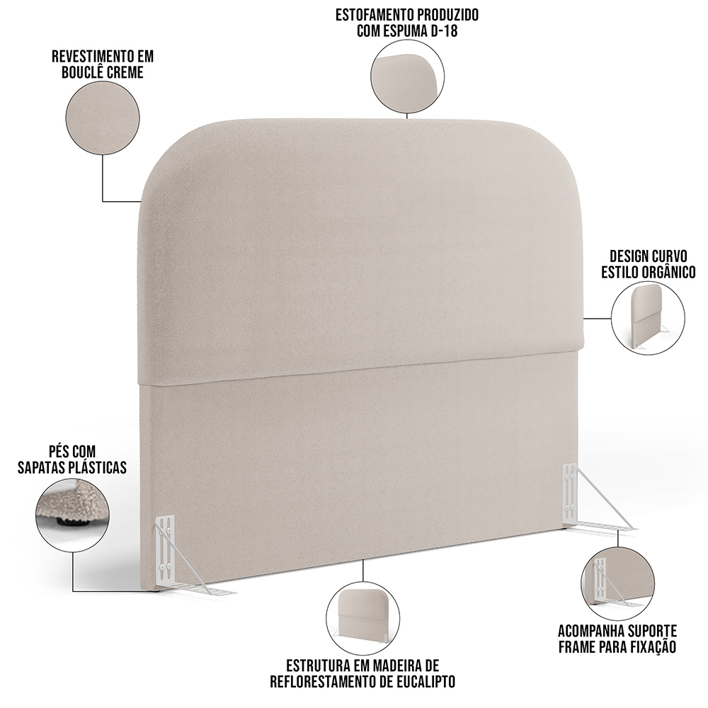 Cabeceira Cama Box Queen 160cm Lanna com Puff Recamier Doha W01 Bouclê Creme - Lyam Decor