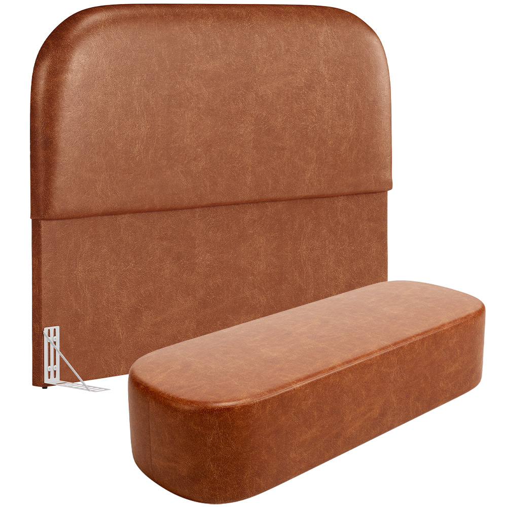Cabeceira Cama Box Queen 160cm Lanna com Puff Recamier Doha W01 Couríssimo Camel - Lyam Decor