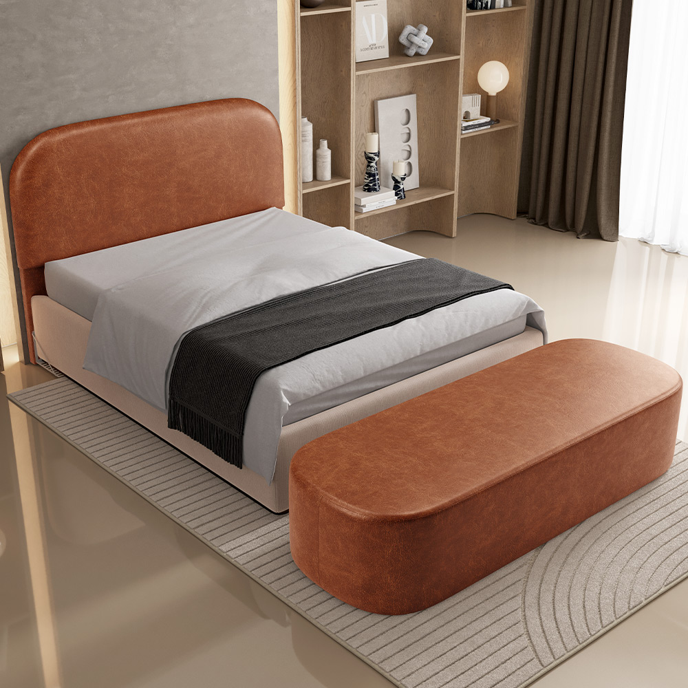 Cabeceira Cama Box Queen 160cm Lanna com Puff Recamier Doha W01 Couríssimo Camel - Lyam Decor