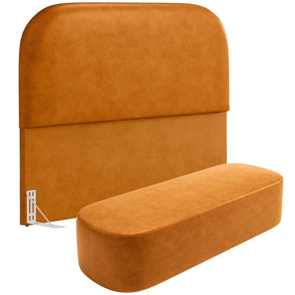Cabeceira Cama Box Queen 160cm Lanna com Puff Recamier Doha W01 Couríssimo Whisky - Lyam Decor