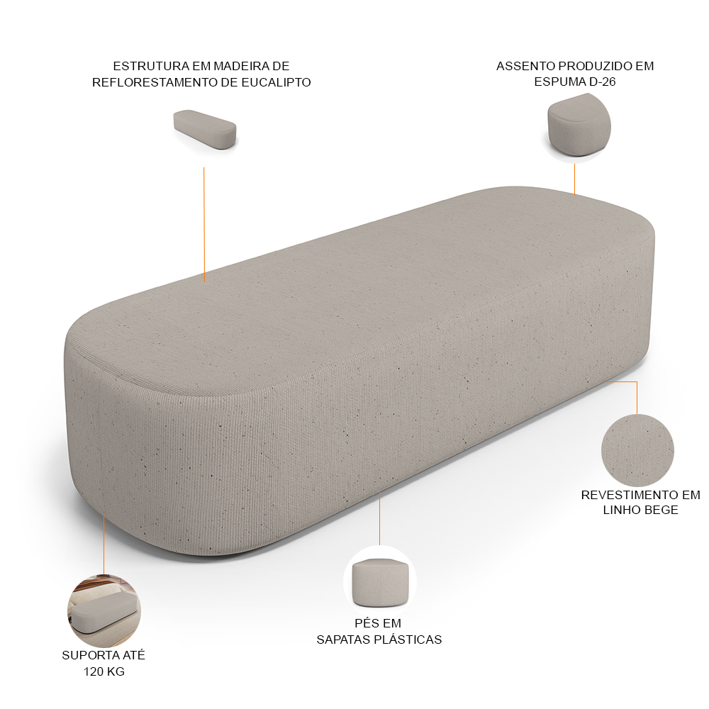 Cabeceira Cama Box Queen 160cm Lanna com Puff Recamier Doha W01 Linho Bege - Lyam Decor