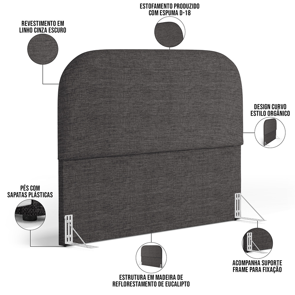Cabeceira Cama Box Queen 160cm Lanna com Puff Recamier Doha W01 Linho Cinza Escuro - Lyam Decor