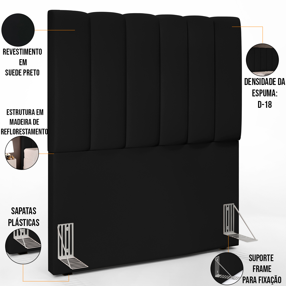 Cabeceira Cama Box Solteiro 100 cm Dália W01 Suede Preto - Lyam Decor