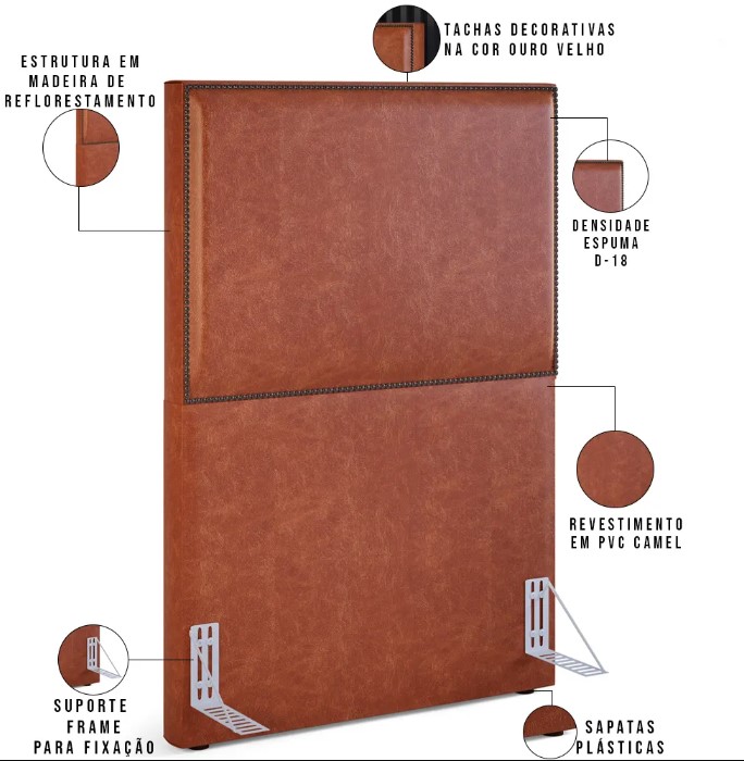Cabeceira Cama Box Solteiro Com Tachas 100 cm Vicenza L02 Couríssimo Camel - Lyam Decor