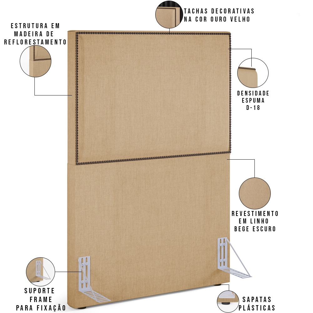 Cabeceira Cama Box Solteiro Com Tachas 100 cm Vicenza L02 Linho Bege Escuro - Lyam Decor