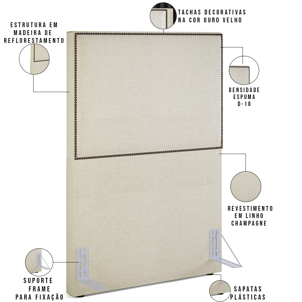 Cabeceira Cama Box Solteiro Com Tachas 100 cm Vicenza L02 Linho Champagne - Lyam Decor
