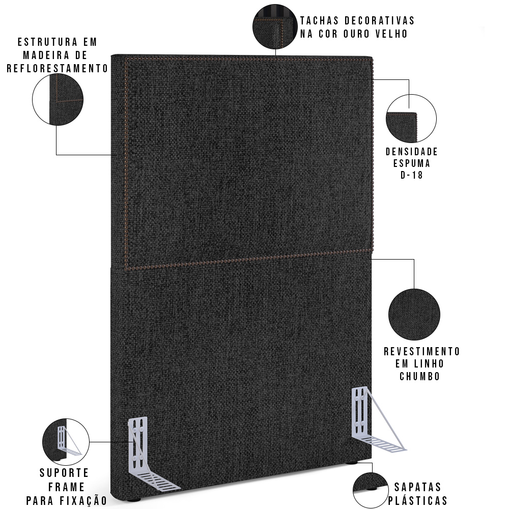 Cabeceira Cama Box Solteiro Com Tachas 100 cm Vicenza L02 Linho Chumbo - Lyam Decor