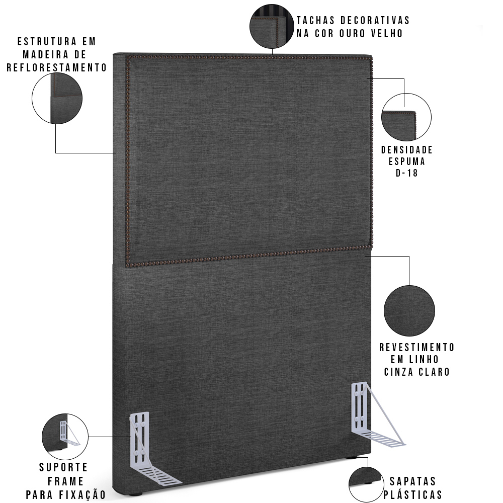 Cabeceira Cama Box Solteiro Com Tachas 100 cm Vicenza L02 Linho Cinza Escuro - Lyam Decor