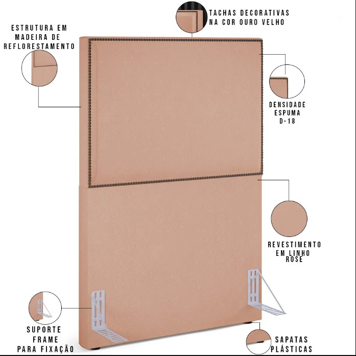 Cabeceira Cama Box Solteiro Com Tachas 100 cm Vicenza L02 Linho Rosê - Lyam Decor