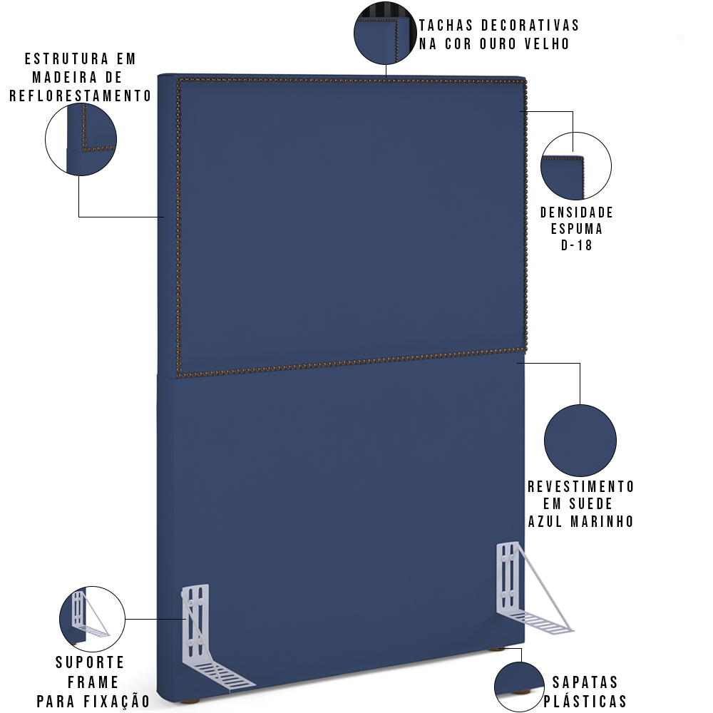 Cabeceira Cama Box Solteiro Com Tachas 100 cm Vicenza L02 Suede Azul Marinho - Lyam Decor