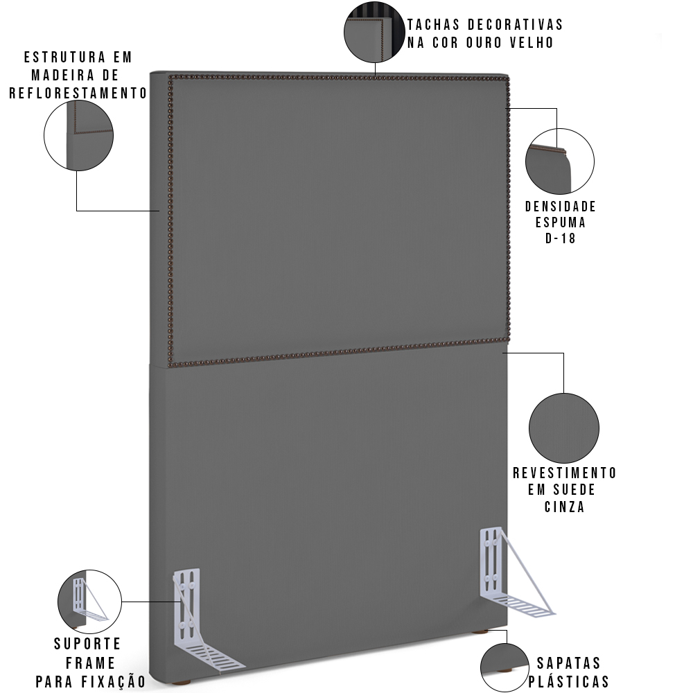 Cabeceira Cama Box Solteiro Com Tachas 100 cm Vicenza L02 Suede Cinza - Lyam Decor