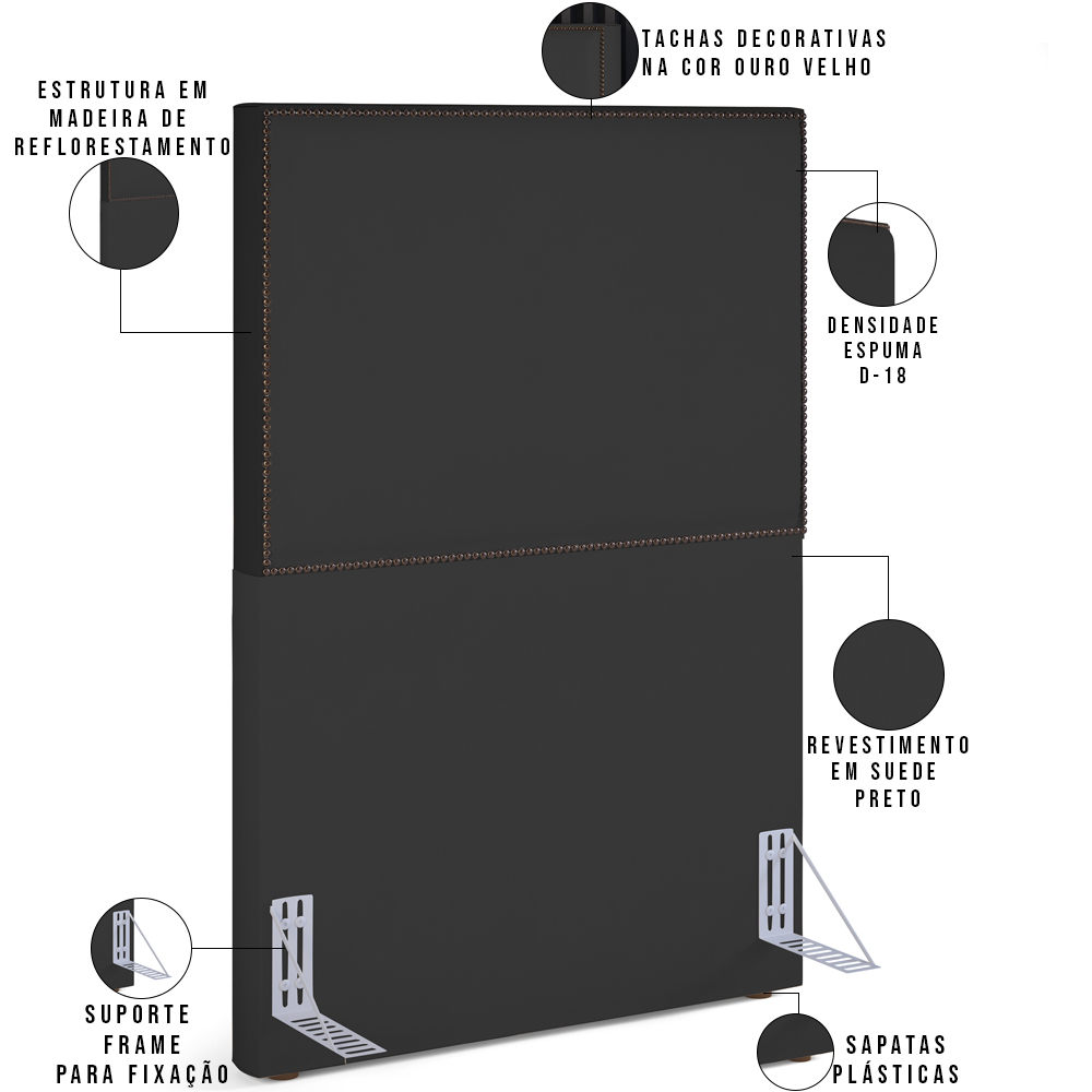 Cabeceira Cama Box Solteiro Com Tachas 100 cm Vicenza L02 Suede Preto - Lyam Decor