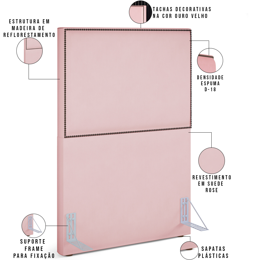 Cabeceira Cama Box Solteiro Com Tachas 100 cm Vicenza L02 Suede Rosê - Lyam Decor