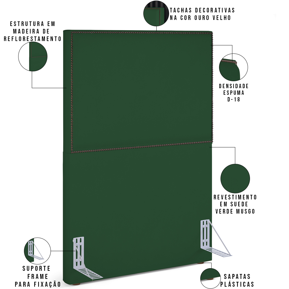 Cabeceira Cama Box Solteiro Com Tachas 100 cm Vicenza L02 Suede Verde Musgo - Lyam Decor