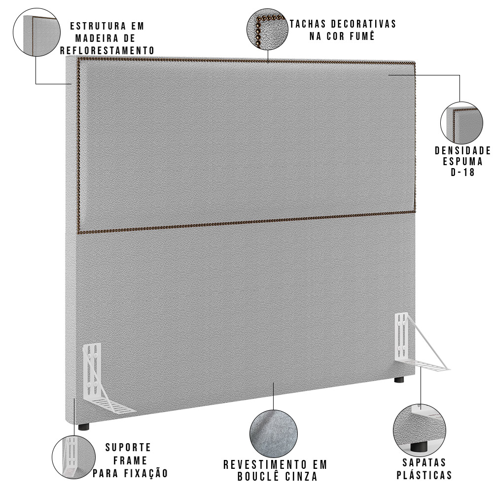 Cabeceira Casal Vicenza 140 cm Bouclê Cinza L02 Com 02 Mesas De Cabeceira Work Branco - Lyam Decor